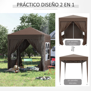 Carpa Plegable Gazebo 2x2 m Cenador de Jardín con 4 Paredes Laterales Tela Oxford 2 Puertas 2 Ventanas y Bolsa de Transporte para Exterior Terraza Camping Fiestas Marrón