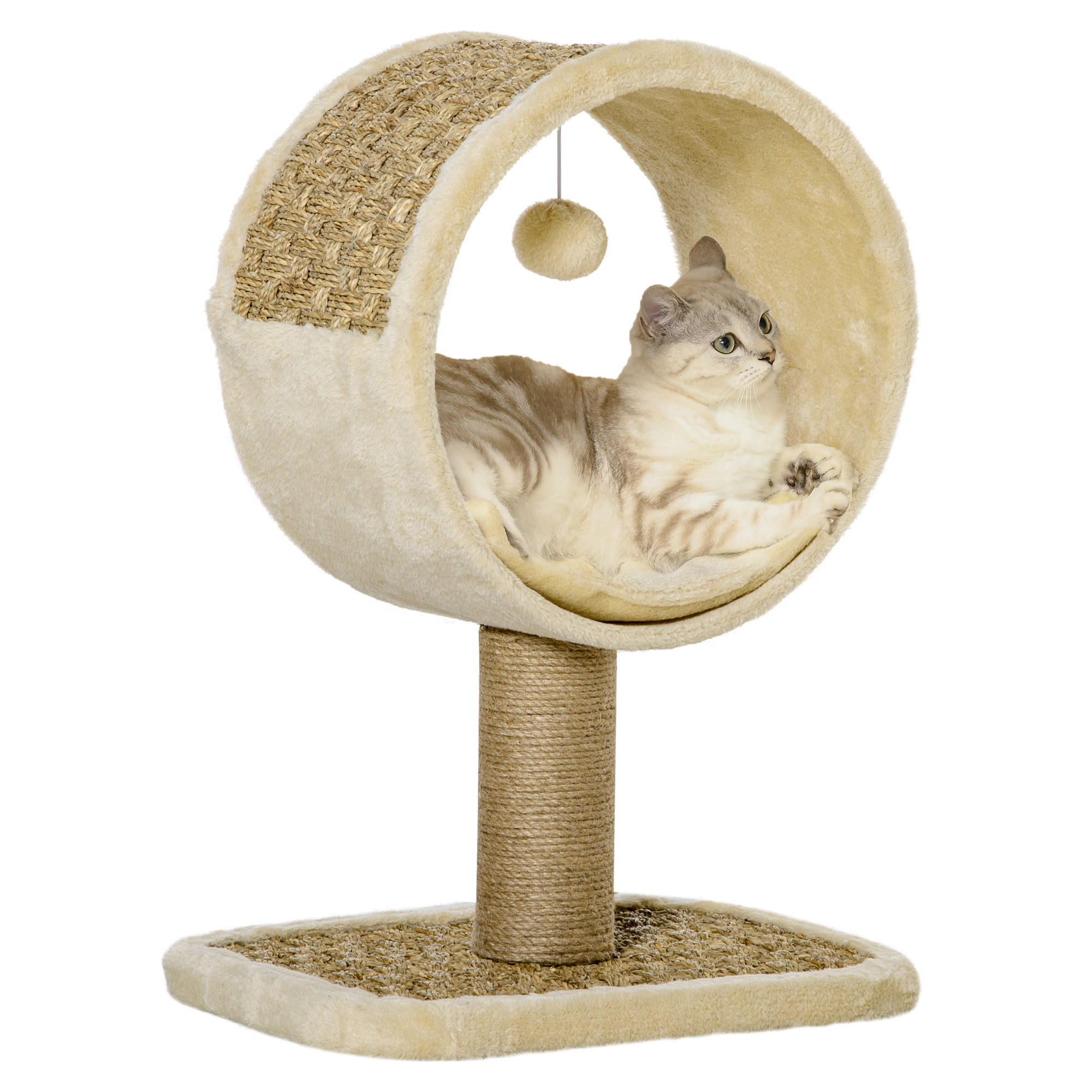 Arbre à chat rond style cosy chic griffoir grattoirs sisal jeu suspendu souris niche avec coussin cordes d'algues tressées peluche courte beige