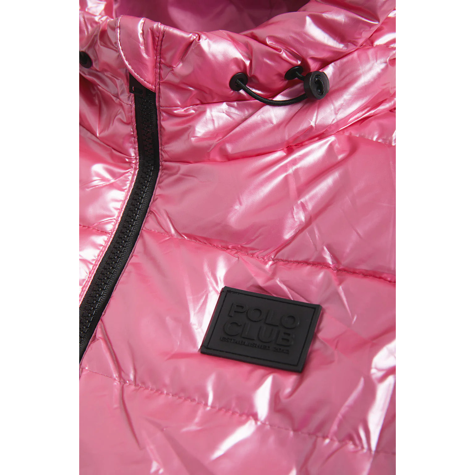 Chaleco fucsia metalizado con capucha y logo Polo Club