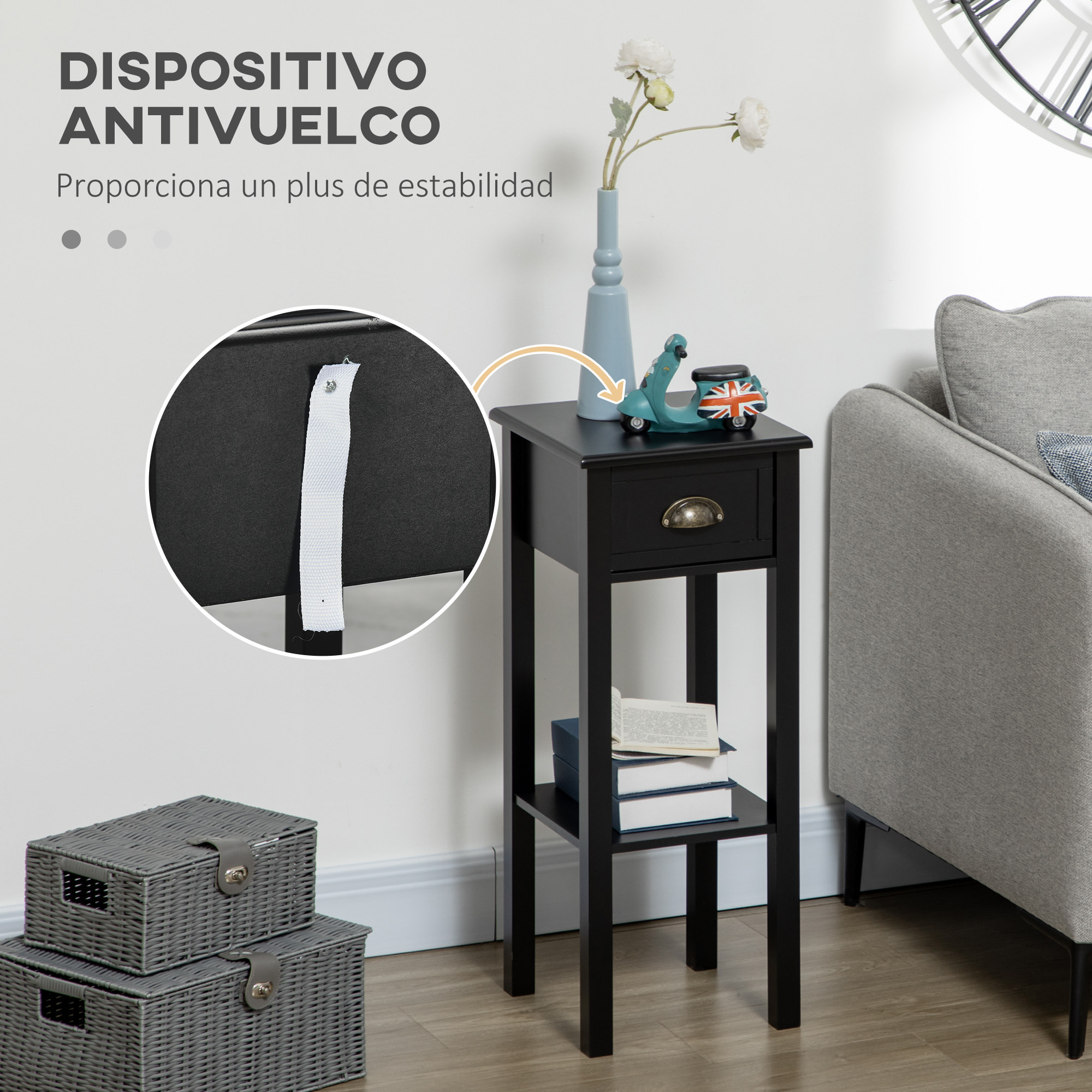 Mesa Auxiliar Estilo Moderno Mesita Auxiliar con Cajón y Estante de Almacenamiento Mesita de Noche para Sala de Estar Dormitorio 30x30x75 cm Negro