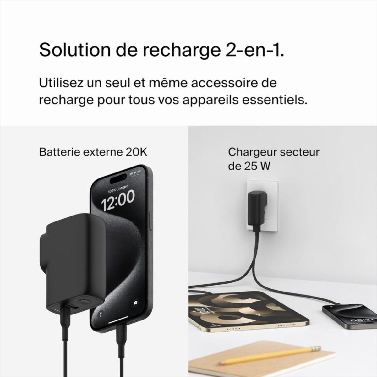 Chargeur BELKIN 25W+ adaptateur voyage+powerbank 5000mAh