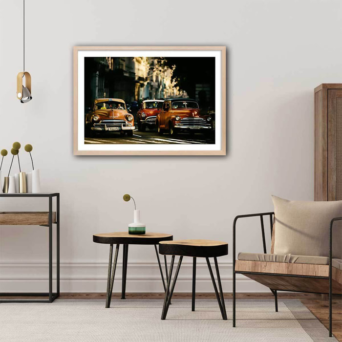 Affiche vintage taxi Affiche + cadre en bois - Chêne