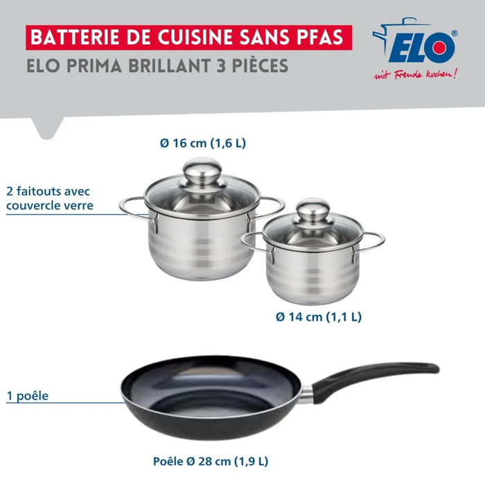 Ensemble de 1 Poêle de cuisson 28 cm et 2 faitouts 14 et 16 cm Elo Prima Brillant