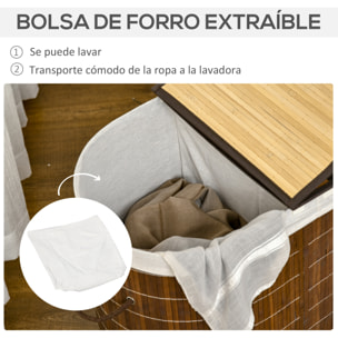 HOMCOM Cesto para Ropa Sucia de Bambú Capacidad de 100L Cesta para la Colada con Tapa Abatible y Bolsa de 2 Compartimentos Extraíble 62,5x37x60,5 cm Marrón