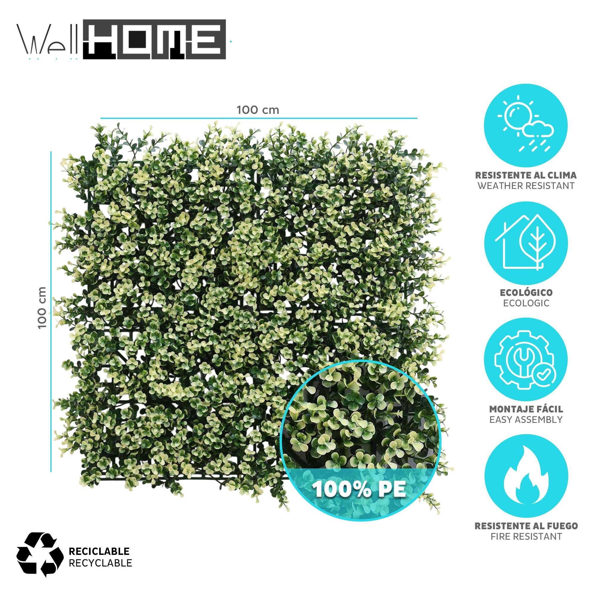 Well home jardín vertical artificial, panel de seto 100x100cm, para decoración interior y exterior - hojas verdes y blancas para decoración natural