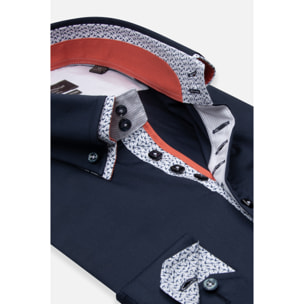 Camicia Uomo 2 Bottoni Button Down 7bottoni Doppio Coll Satin Unito Blu