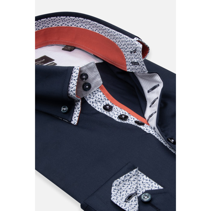 Camicia Uomo 2 Bottoni Button Down 7bottoni Doppio Coll Satin Unito Blu
