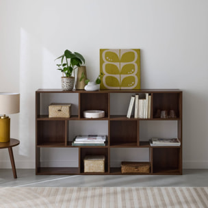 Bibliothèque design asymétrique noyer. Pieter. 3 étagères. 12 compartiments de rangement
