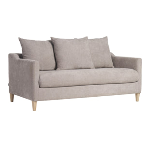 Canapé convertible scandinave 3 places en tissu effet velours taupe et bois clair LOUISE