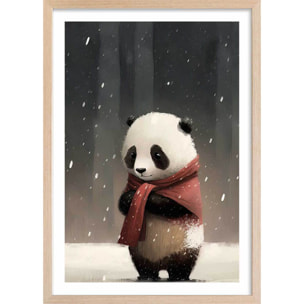 Affiche enfant panda sous la neige  Affiche + cadre en bois - Chêne