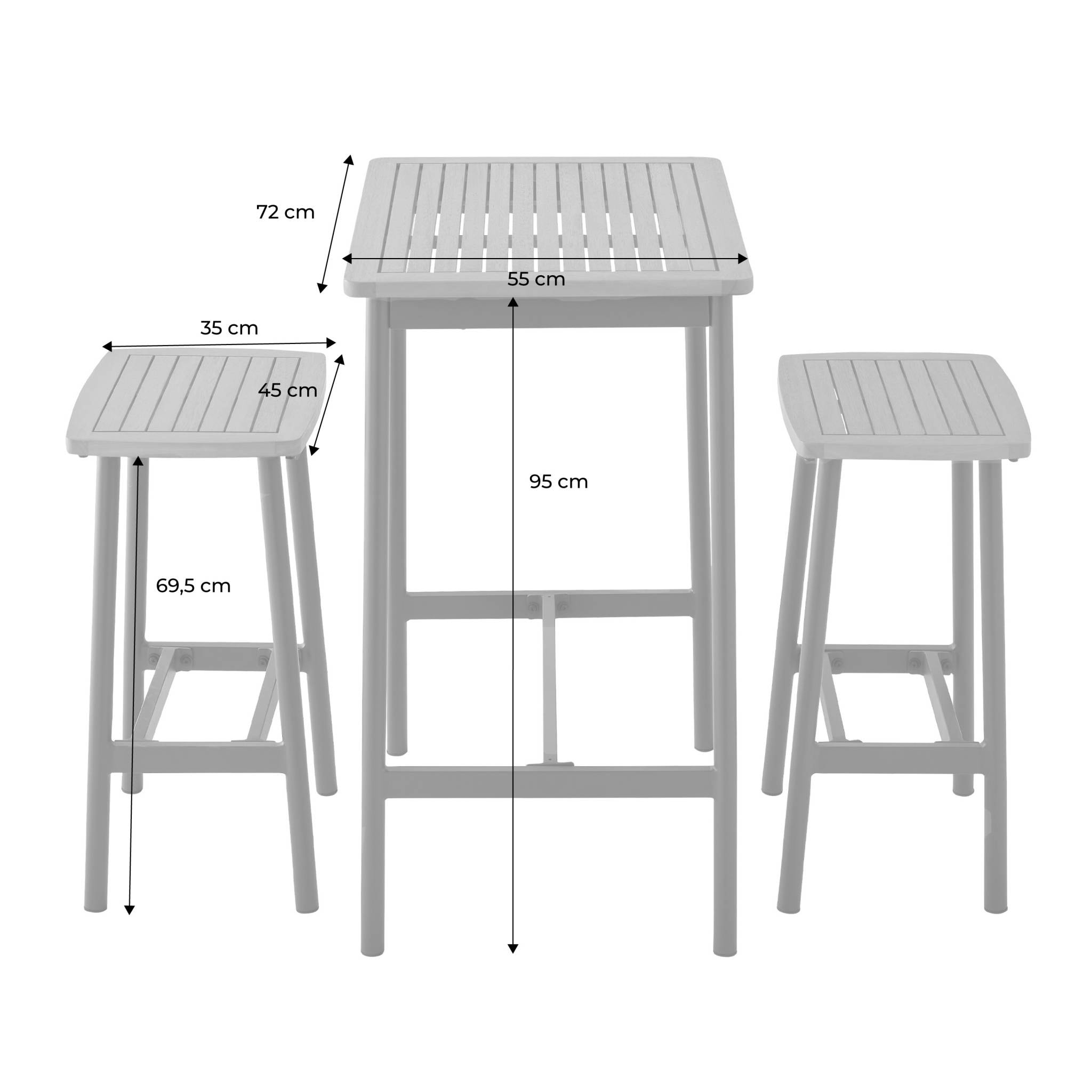 Set complet table de bar extérieur + 2 tabouret bois d'eucalyptus couleur anthracite anticorrosion IPIRA