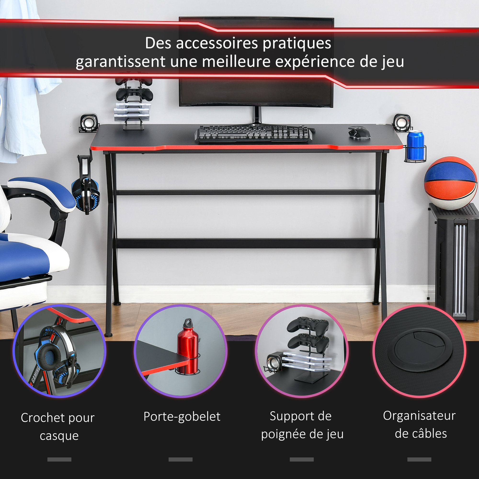 Bureau gaming racing bracket supports casque enceintes porte-gobelet métal plateau texture carbone