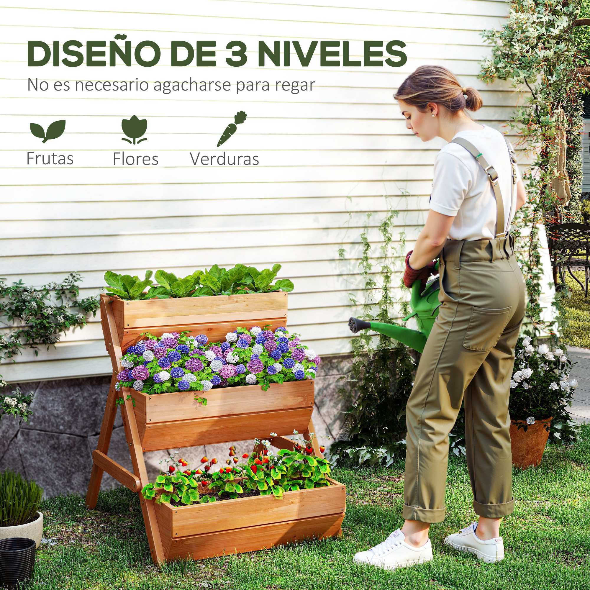 Jardinera de Madera de 3 Niveles, Jardinera Elevada Exterior con Orificios de Drenaje, Macetero para Cultivos de Plantas, Flores, para Terraza, Jardín, 65x75x76 cm, Marrón
