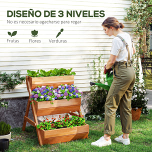 Jardinera de Madera de 3 Niveles, Jardinera Elevada Exterior con Orificios de Drenaje, Macetero para Cultivos de Plantas, Flores, para Terraza, Jardín, 65x75x76 cm, Marrón
