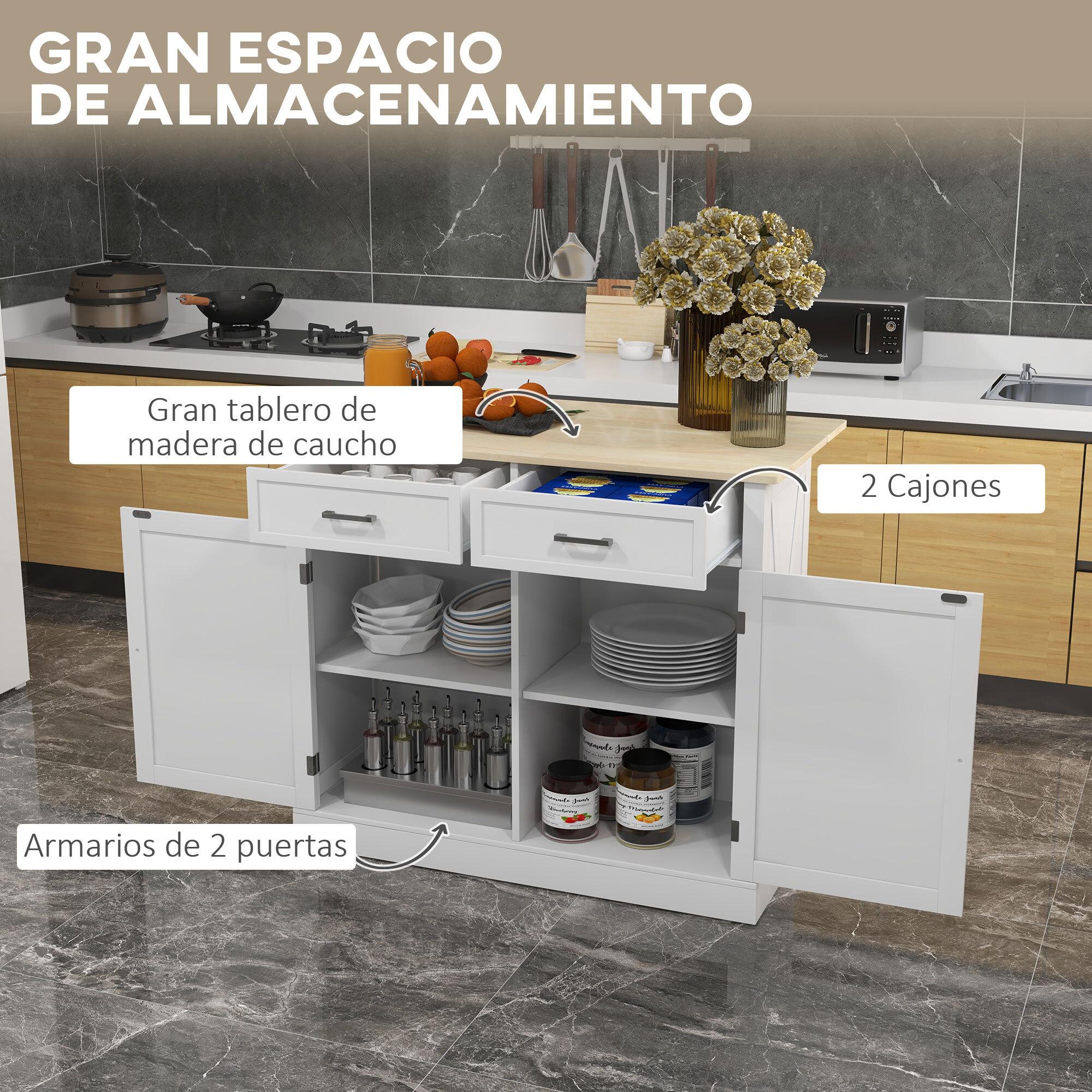 Isla de Cocina Carro de Cocina con Encimera de Madera Plegable 2 Puertas 2 Cajones Estante Ajustable y 4 Ruedas 105x60x90,5 cm Blanco