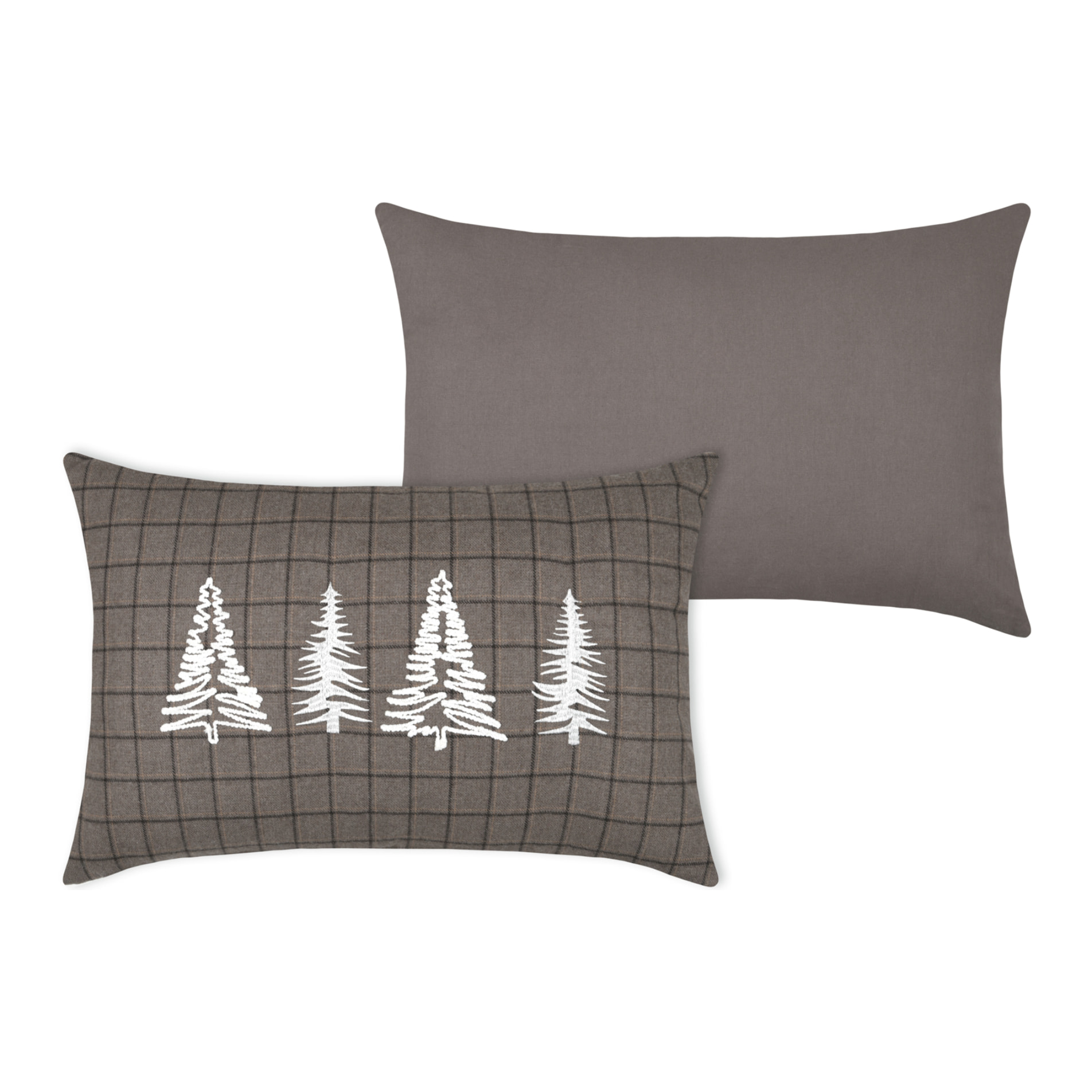 Coussin rectangulaire à carreaux et sapins brodés - Taupe