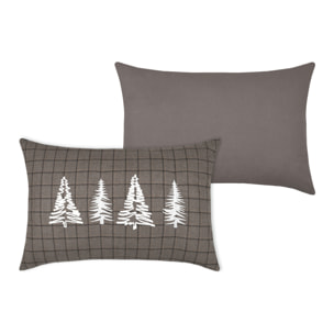 Coussin rectangulaire à carreaux et sapins brodés - Taupe