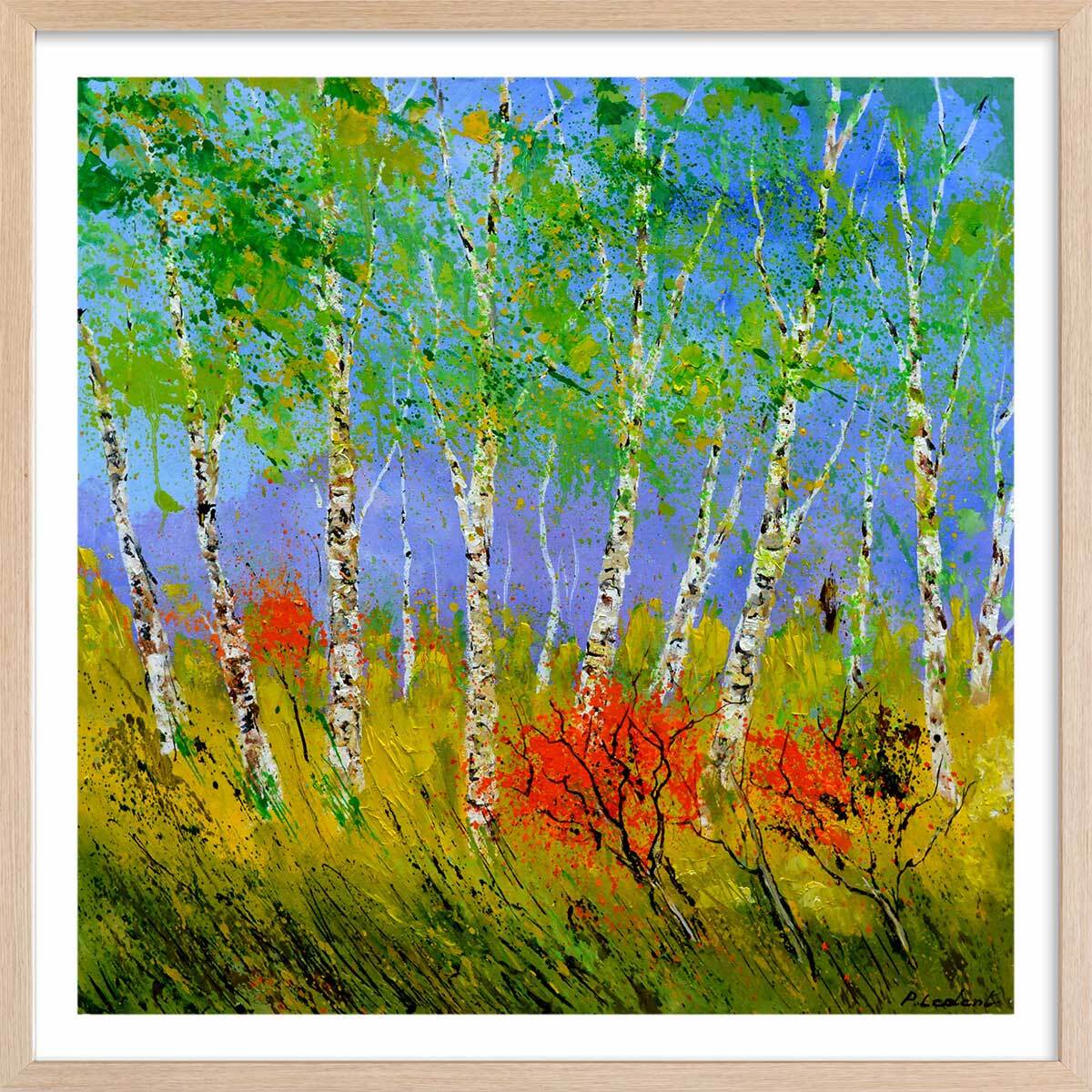 Affiche  bouleaux et coquelicots Affiche + cadre en bois - Chêne