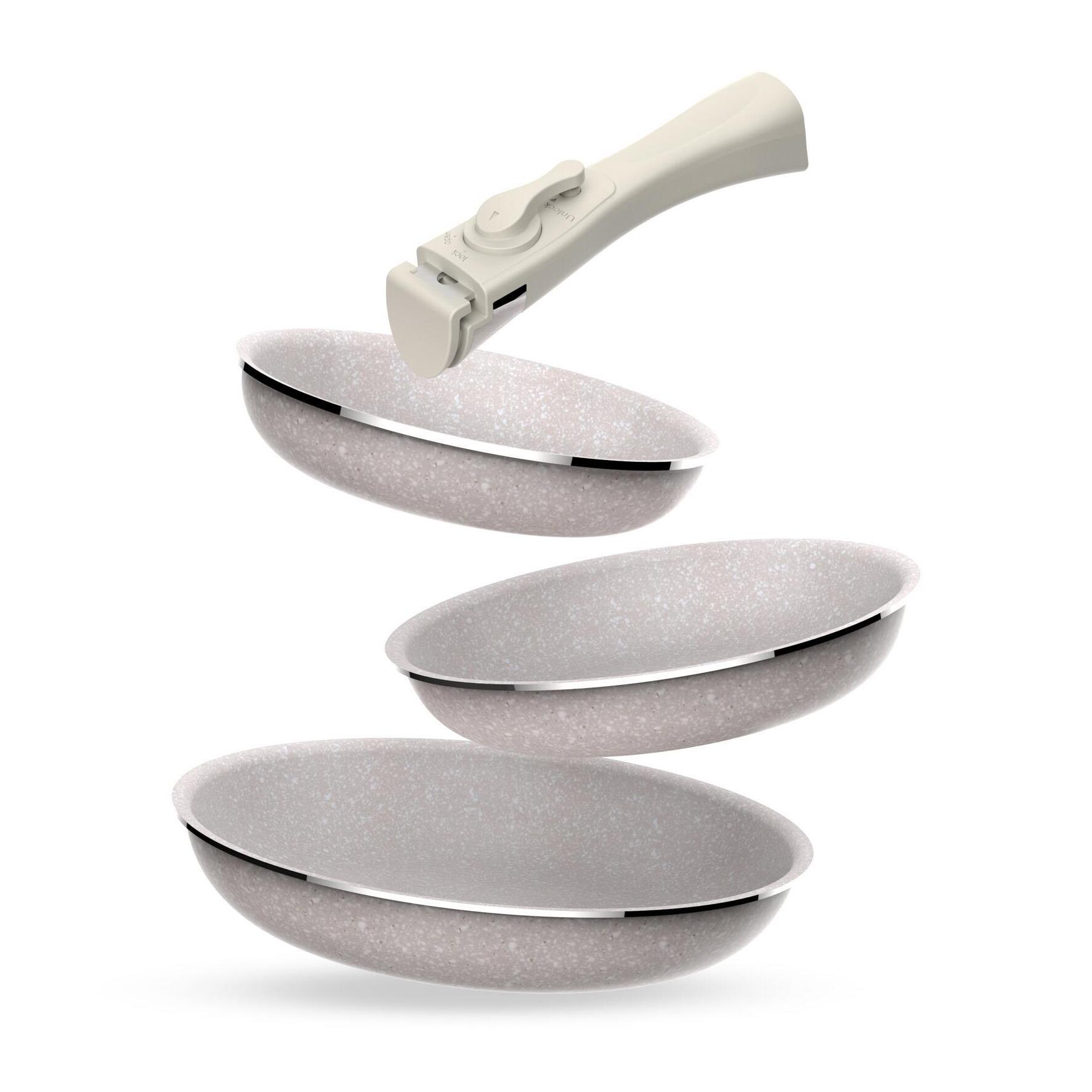 Juego de 3 sartenes Ø18Ø20Ø24cm aluminio prensado,recubrimiento ILAG antiadherente,mango extraíble,apto inducción,sin PFOA,apto lavavajillas y horno