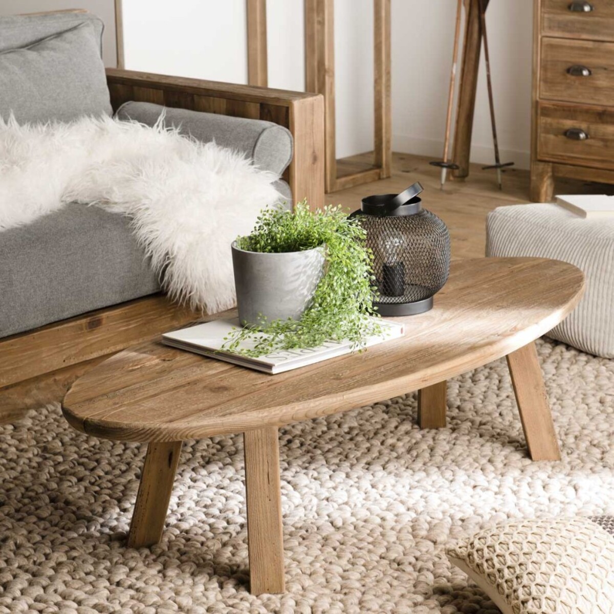 SANDY - Table basse ovale marron bois Pin recyclé