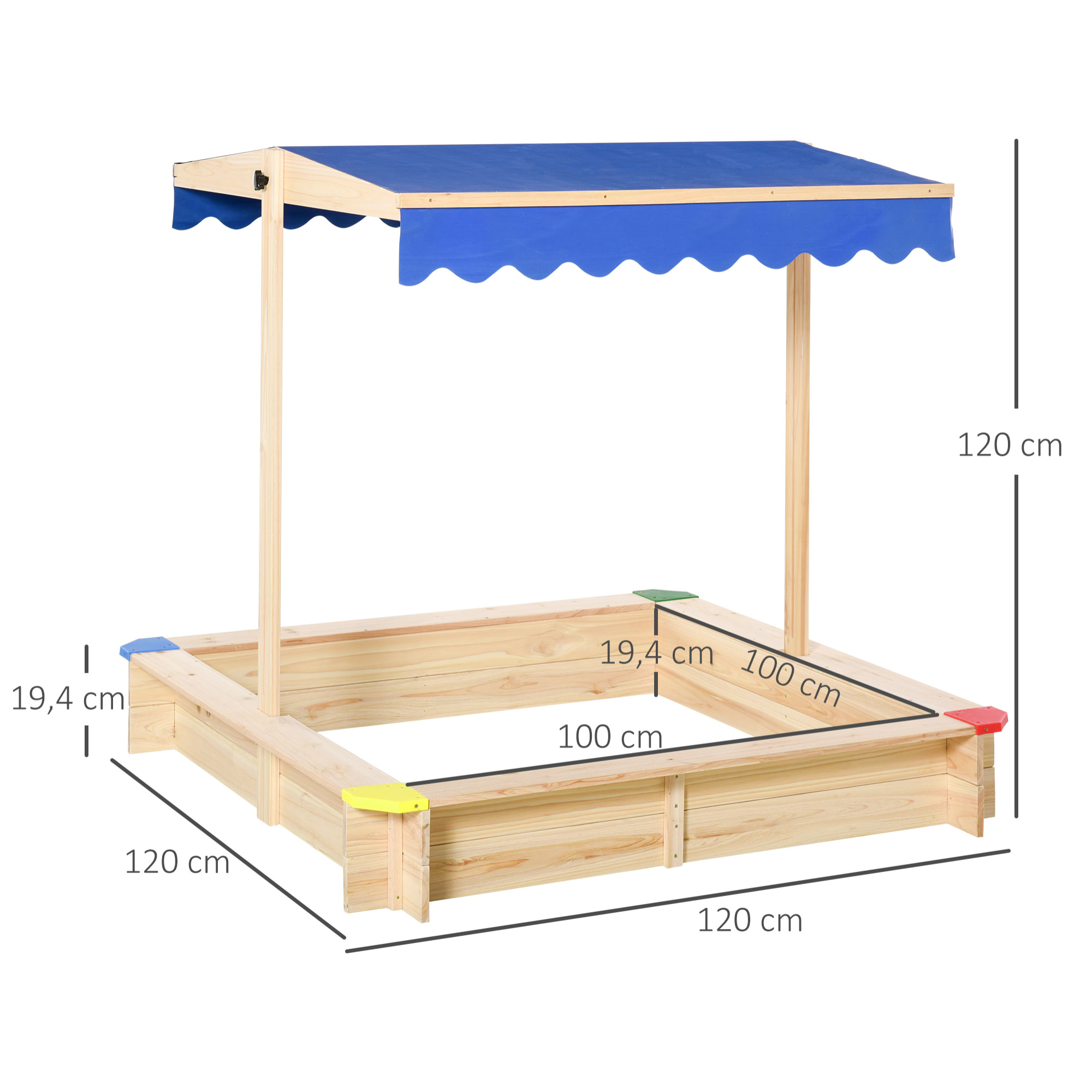 Bac à sable bois carré dim. 1,2L x 1,2l x 1,2H m - hauteur et inclinaison toit réglables - bois naturel de pin
