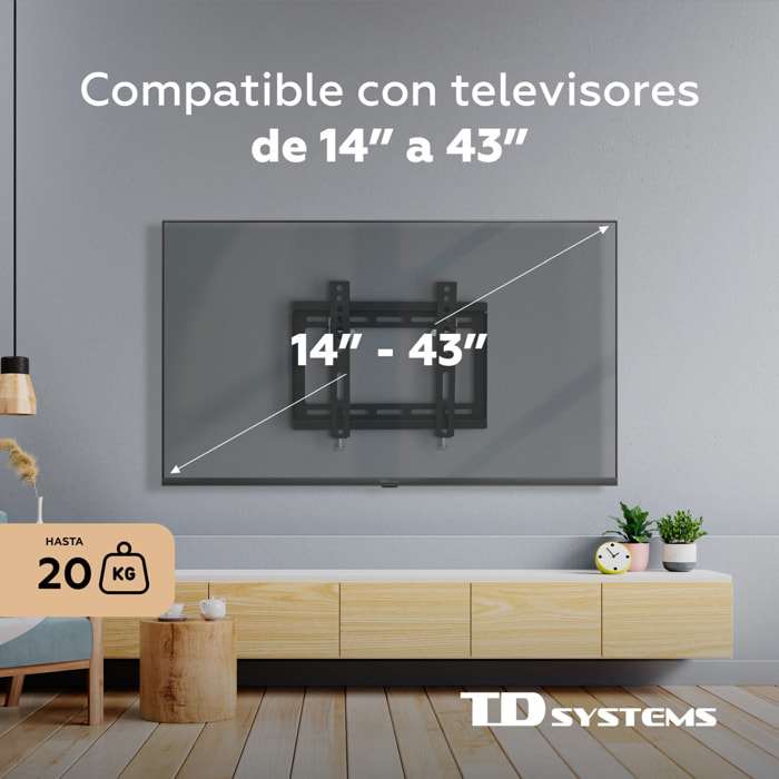 Soporte de TV pared inclinable de bajo perfil para pantallas de 14 a 40 pulgadas. VESA máximo de 200 x 200 mm - TD Systems P20X25T22