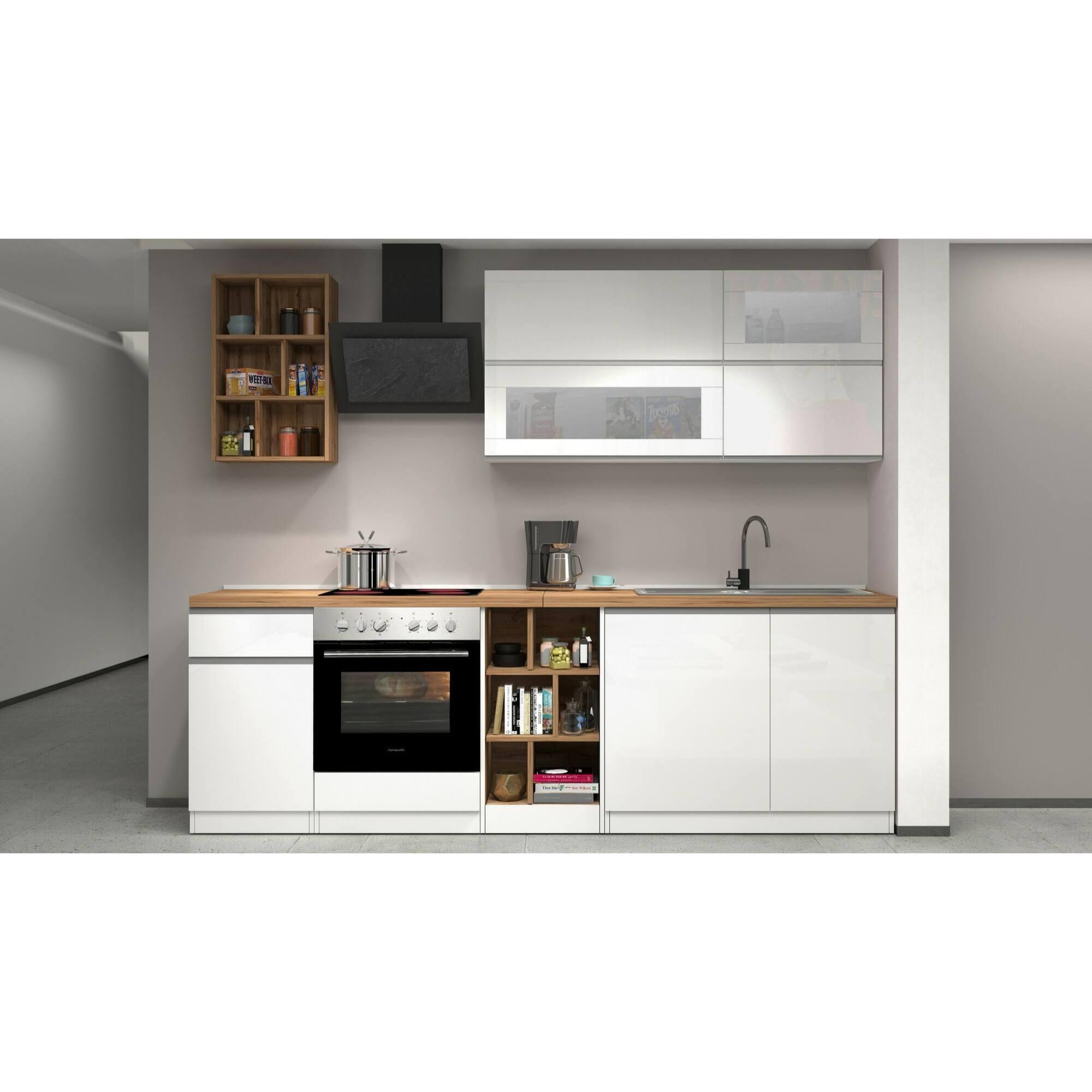 Cucina completa Dcastill, Cucina pratica e salvaspazio, Parete da cucina con 5 ante e 1 cassetto, 100% Made in Italy, 255x60h85 cm, Bianco lucido e Rovere