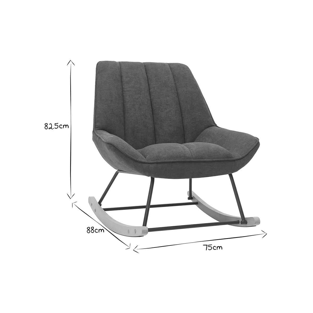 Rocking chair design en tissu effet velours gris foncé, métal noir et bois clair BILLIE