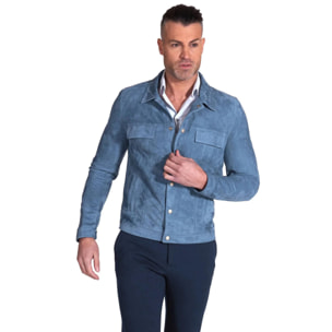 Giacca pelle camoscio blu denim bottoni e collo camicia