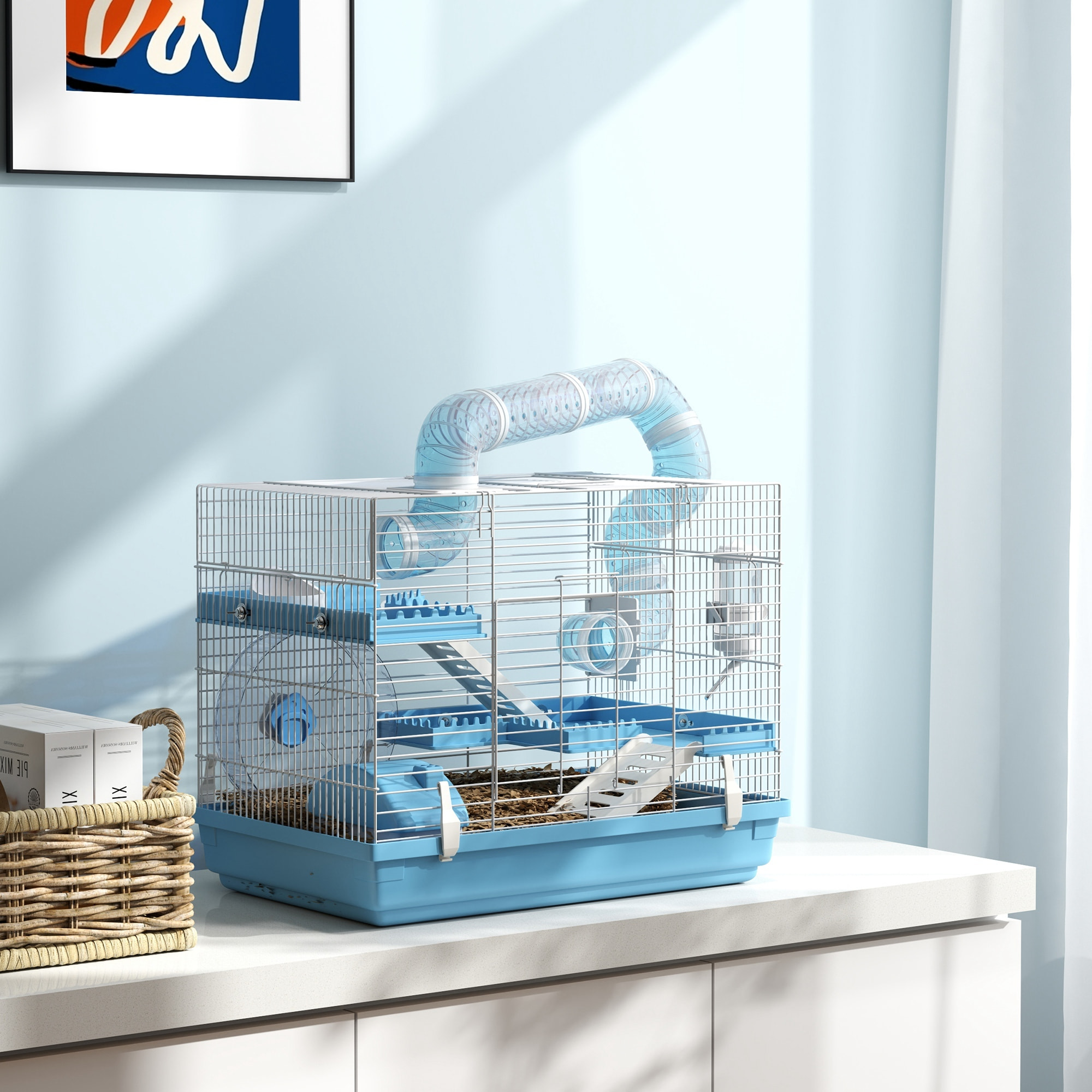 Cage pour hamster portable 2 portes 2 étages nombreux accessoires et tubes blanc bleu