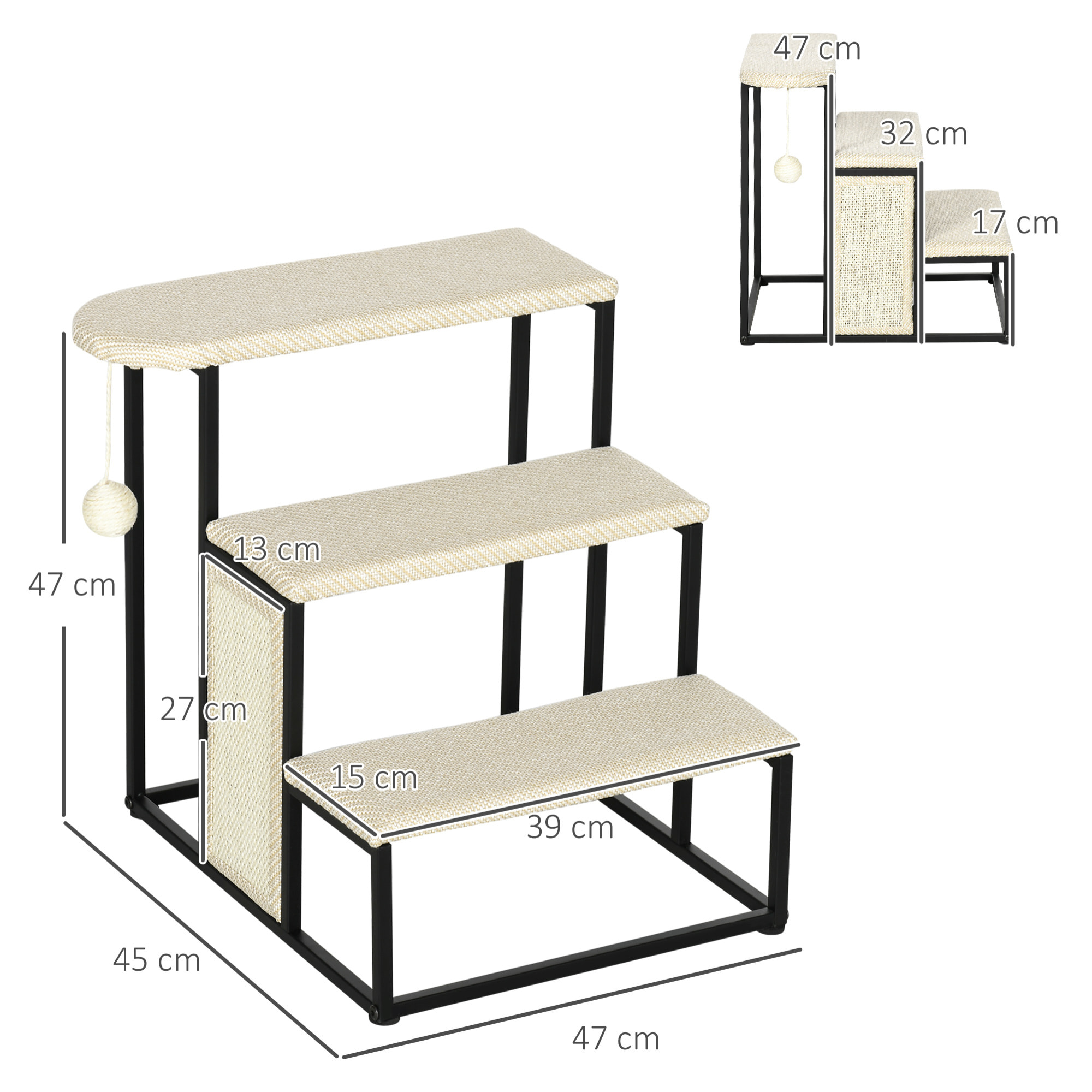 Escalera para Perros de 3 Niveles Escalera para Mascotas con 3 Escalones Bola Colgante Tablero de Rascar y Marco de Acero 47x45x47 cm Crema y Negro