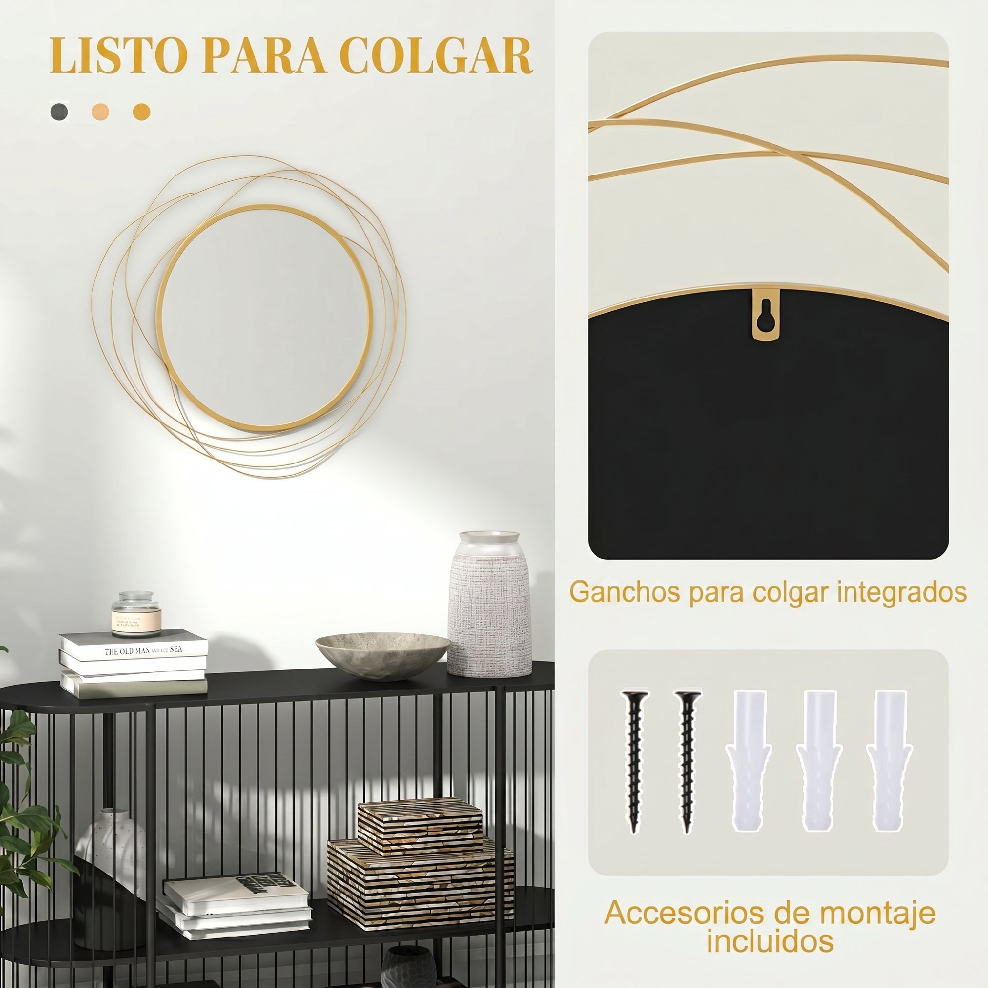 Espejo Decorativo de Pared, Adorno de Pared Metálico, Ø65 cm, con Ganchos, para Salón, Dormitorio, Pasillo, Dorado