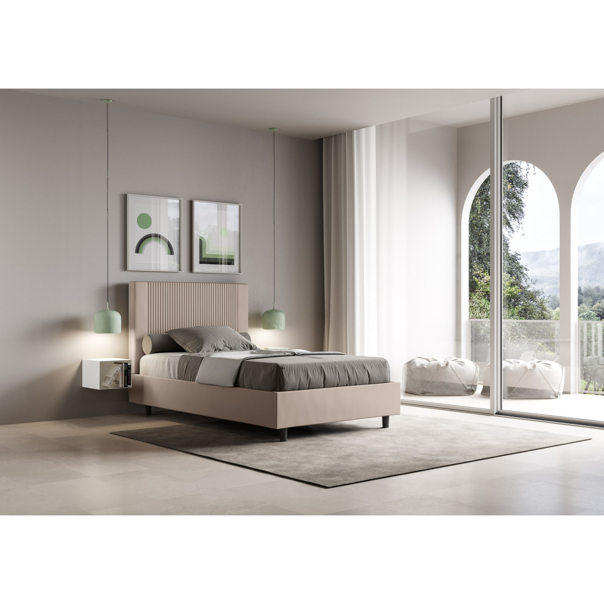 Letto una piazza e mezza contenitore imbottito 120x200 similpelle tortora Goya