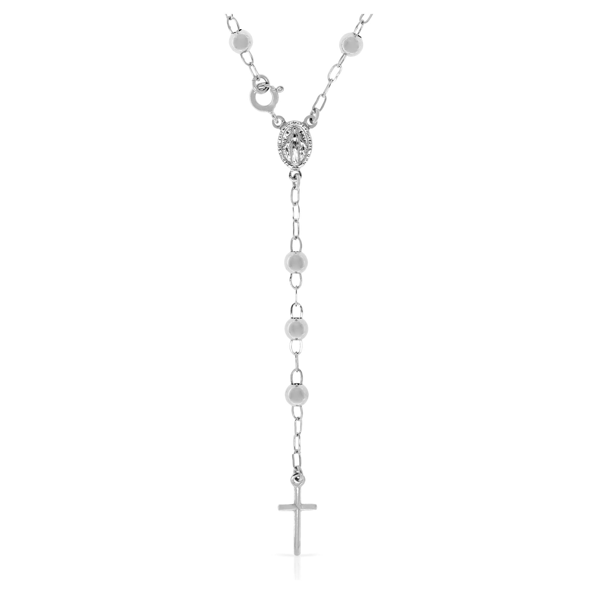 Collana in Argento 925. Rosario con 24 sfere intagliate e pendente della Madonna e croce