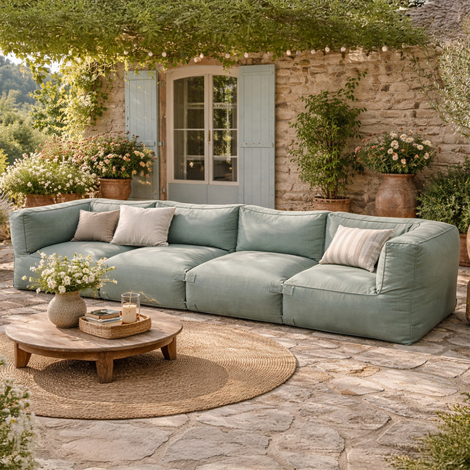 VERONE Salon de jardin modulable 4 places vert en tissu déperlant