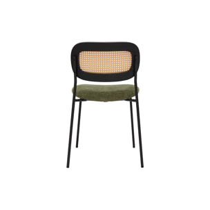 Chaises design en tissu effet velours texturé vert kaki, métal noir et cannage rotin (lot de 2) MIRANDA