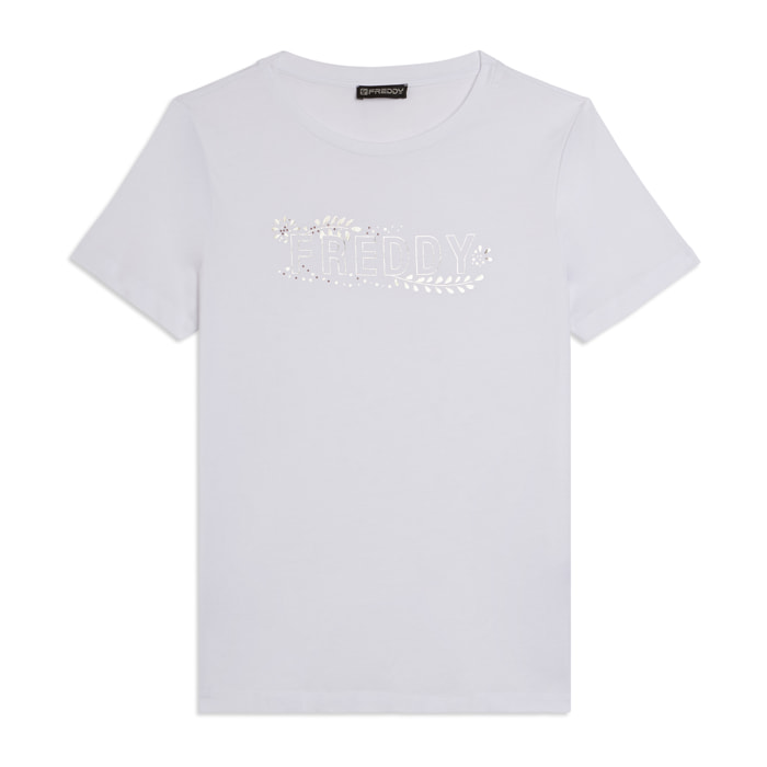 T-shirt Manica Corta con Decori Floreali e Borchie