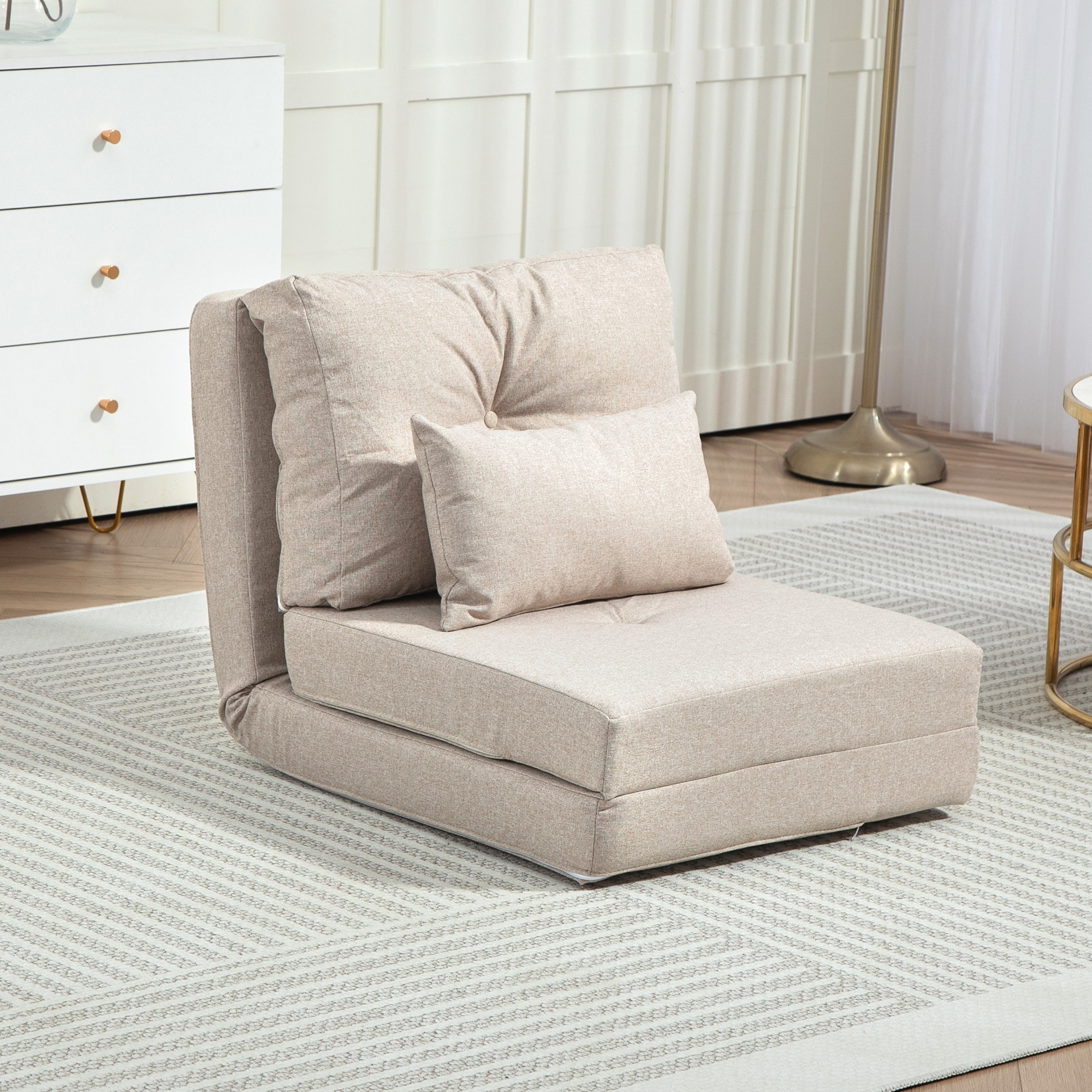 HOMCOM Sofá Cama Individual Plegable 3 en 1, Sofá Cama, Tapizado en Lino, con Respaldo Ajustable 5 Posiciones, Almohadas, Marco Metálico, para Dormitorio, Salón, Beige