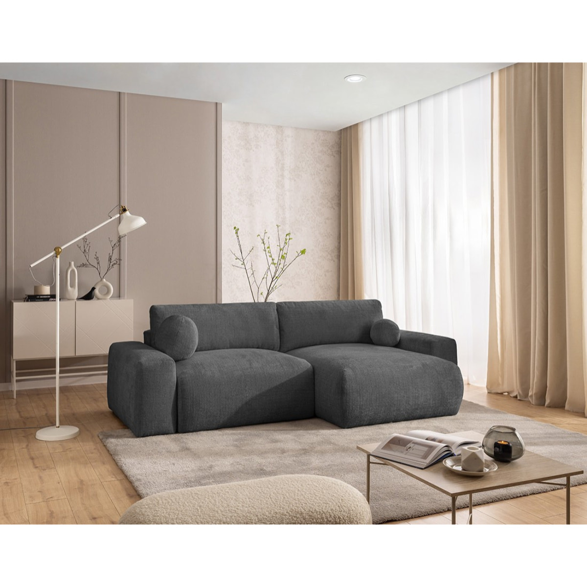 Constance - Canapé d'angle réversible 4 places convertible avec coffre en velours texturé - Gris