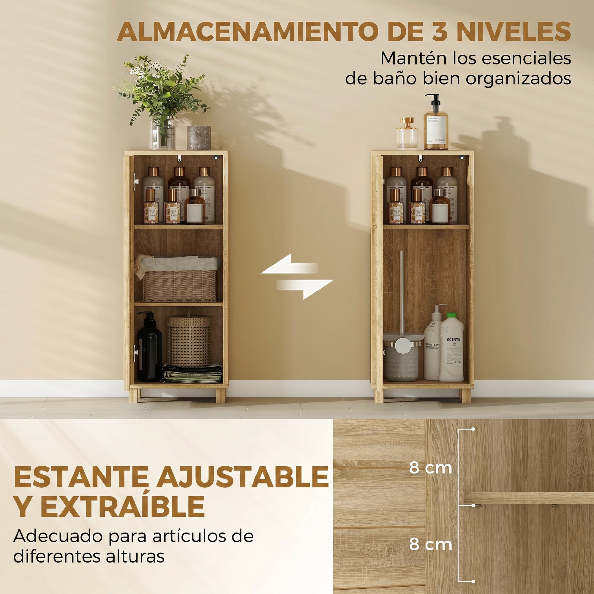 Armario de Baño Estrecho, Mueble Auxiliar de Baño con Puerta de Listones, 3 Estantes y Estante Ajustable, Apertura por Presión, Ahorro Espacio, 34x23x84 cm, Natural