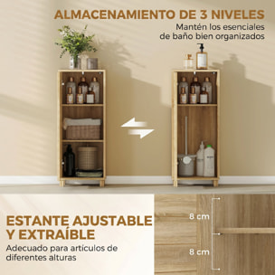 Armario de Baño Estrecho, Mueble Auxiliar de Baño con Puerta de Listones, 3 Estantes y Estante Ajustable, Apertura por Presión, Ahorro Espacio, 34x23x84 cm, Natural