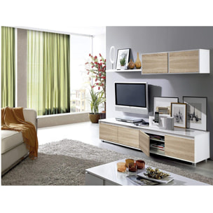 Parete Attrezzata Da Soggiorno Mobile TV 4 ante Pensile Con Pistoni A Gas E Mensola Sospesa Design Moderno Salvaspazio 200 Cm Bianco Lucido E Rovere