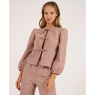 Camiseta de pijama de mujer de cuadros con lazadas