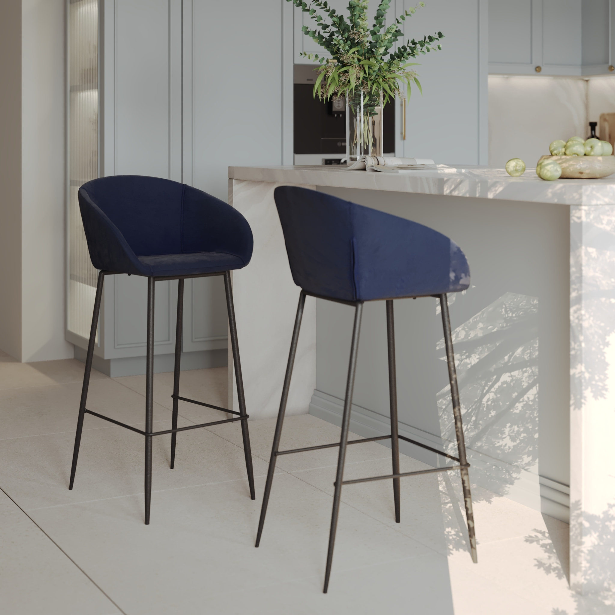 Lot de 2 chaises de bar 75 cm en velours bleu - Marquise