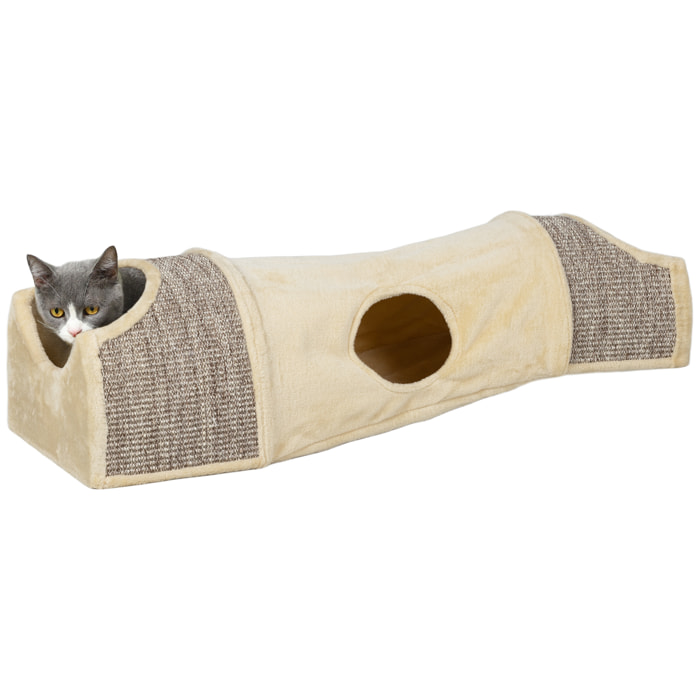 Tunnel pour chat modulable - 3 portes, 2 griffoirs - sisal peluche beige