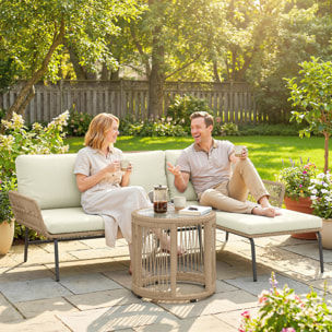 Conjunto de Muebles de Jardín Exterior de Ratán Juego de 3 Piezas Muebles de Terraza con Sofá de 2 Plazas Chaise Longue Cojines y Mesa Auxiliar de Tablero de Vidrio para Patio Crema y Natural