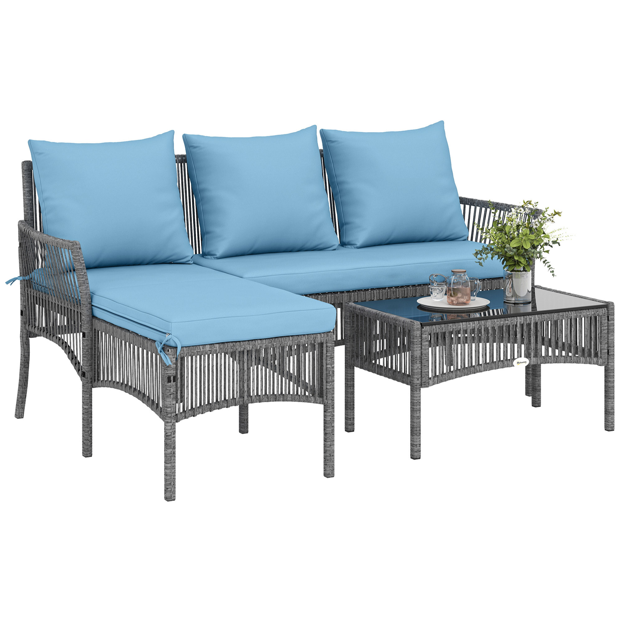 Conjunto de Jardín de Ratán de 3 Piezas, Muebles Jardín Exterior Incluye 1 Sofá de 2 Plazas, 1 Sofá Esquinera, 1 Mesa de Centro con Tablero de Vidrio Templado, Cojines, Resistente, Azul Claro