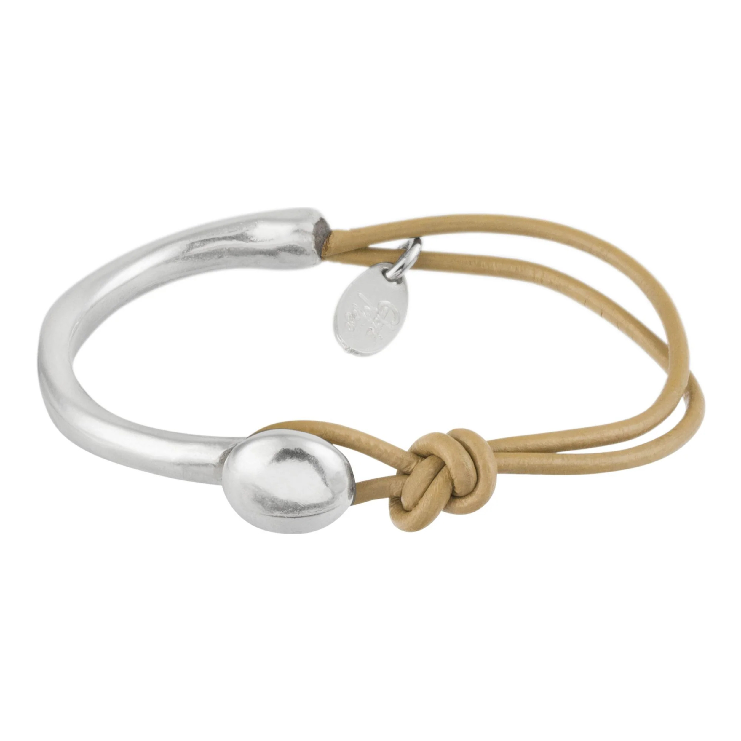 Pulsera Plata y cuero Basic fina cuero crema zamak