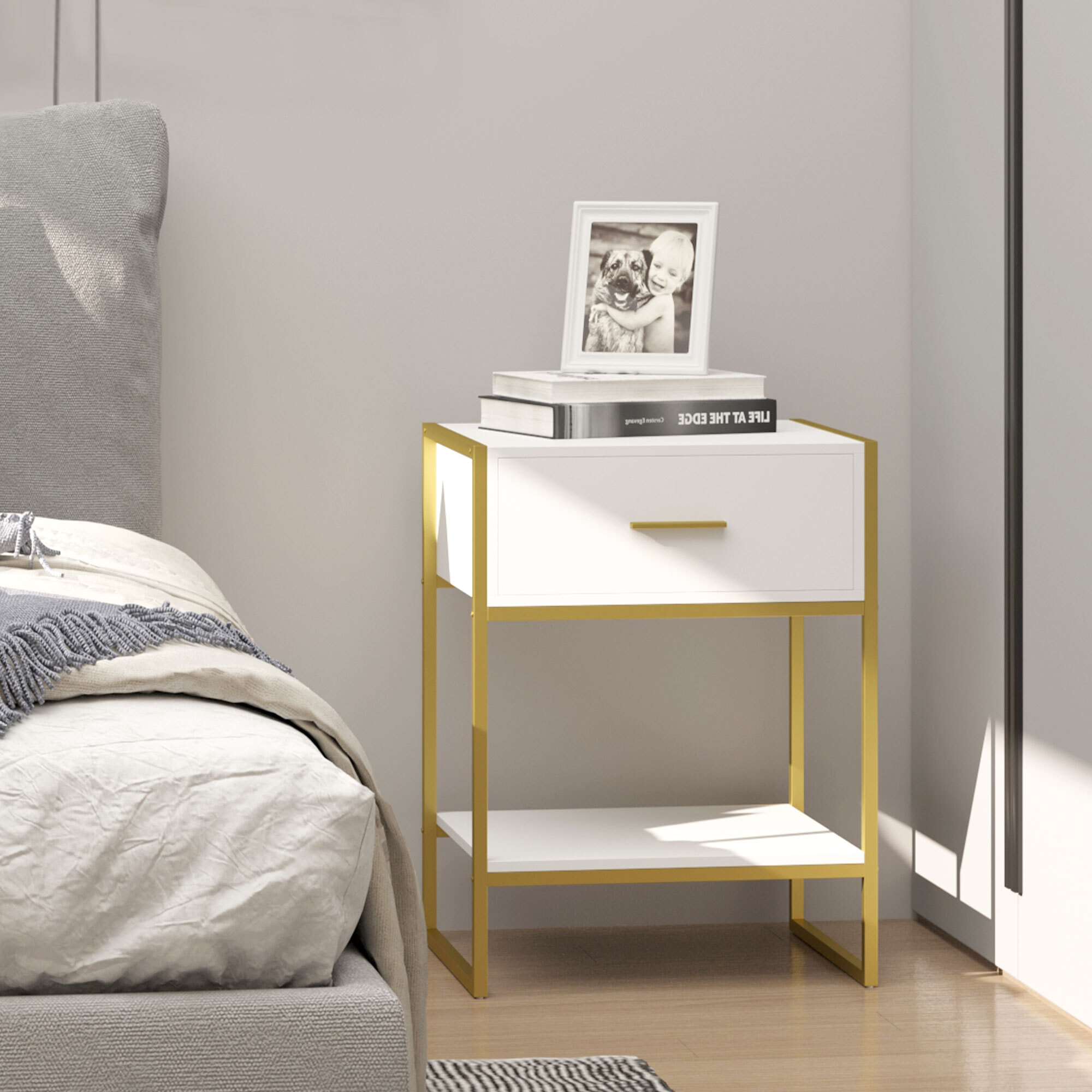 HOMCOM Mesita de Noche Mesa Auxiliar con 1 Cajón y Estante de Almacenamiento para Dormitorio Salón Cama Oficina Estilo Moderno 45x40x60 cm Blanco