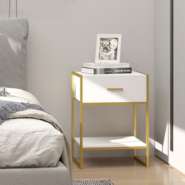 HOMCOM Mesita de Noche Mesa Auxiliar con 1 Cajón y Estante de Almacenamiento para Dormitorio Salón Cama Oficina Estilo Moderno 45x40x60 cm Blanco